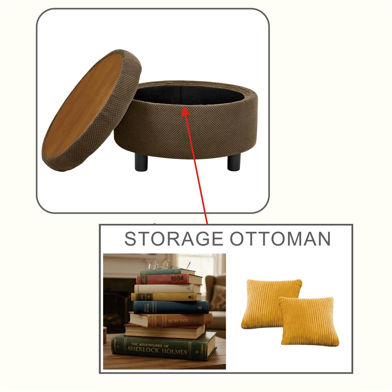Leumius Storage Ottoman Bench,Round Coffee Table Ottoman,Wooden Top Side Table with Hidden Storage for Living Room,Bedroom,Coffee