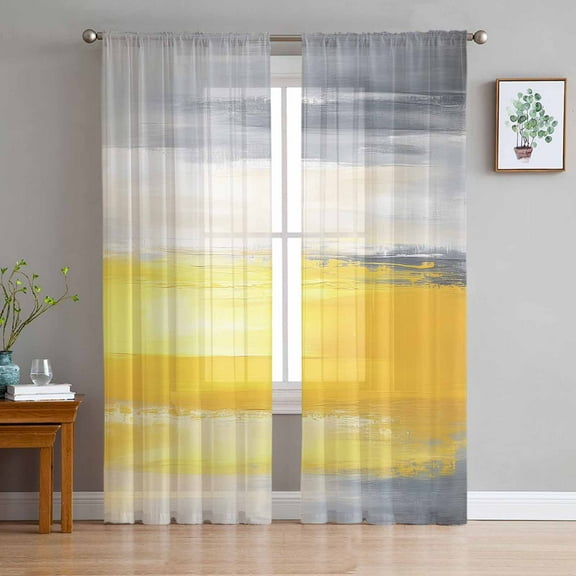 Yellow Gray Sheer Curtains 63 Inches Length 2 Panels Set, Window Sheer Curtains for Living Room/Bedroom, Modern Abstract Oil Painted Art Light Filtering Rod Pocket Curtain 52'' x 63'' x 2