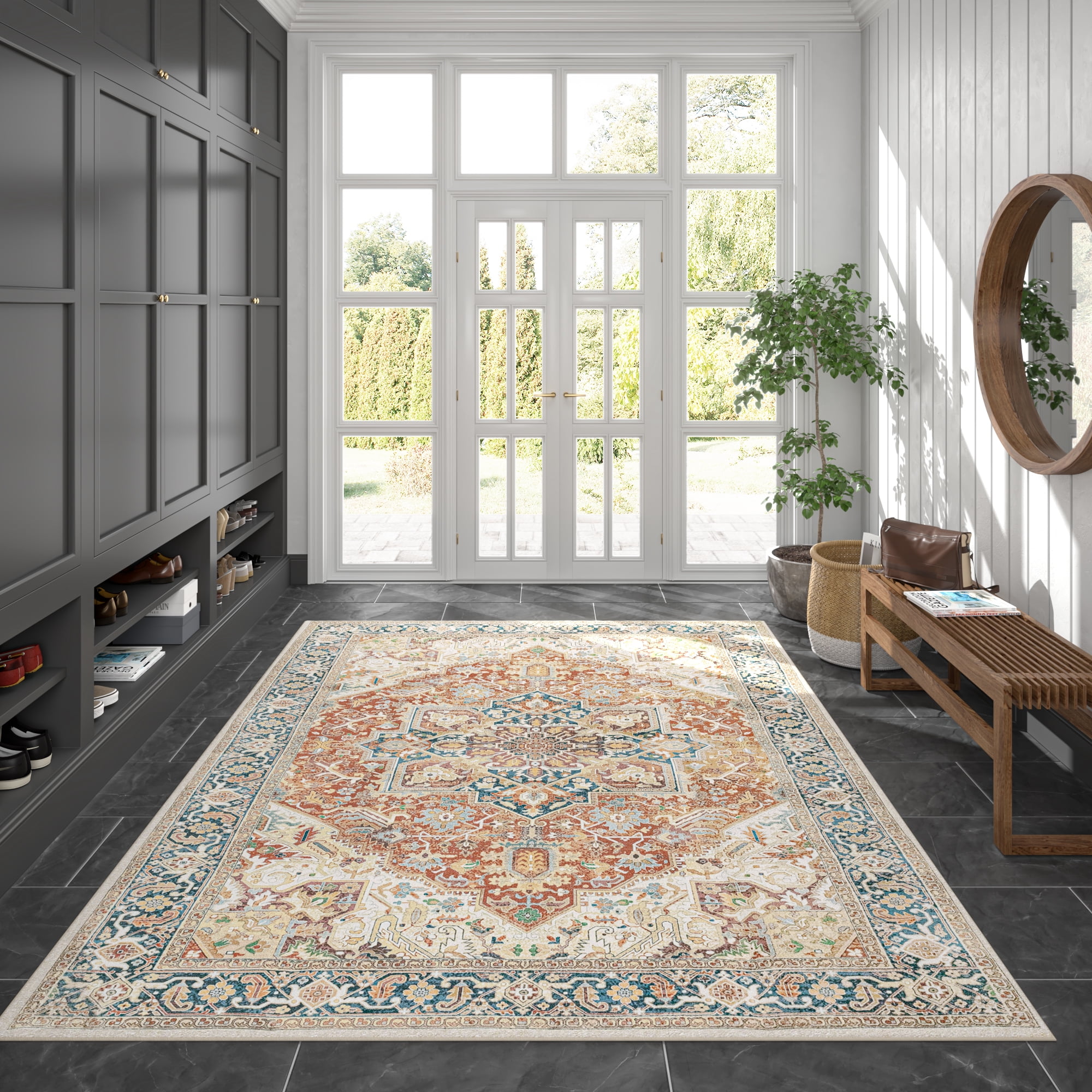 Traditional 8x10 Area Rug (7'5'' x 9'11'') Oriental Rust, Cream Living Room Easy to Clean Machine Washable