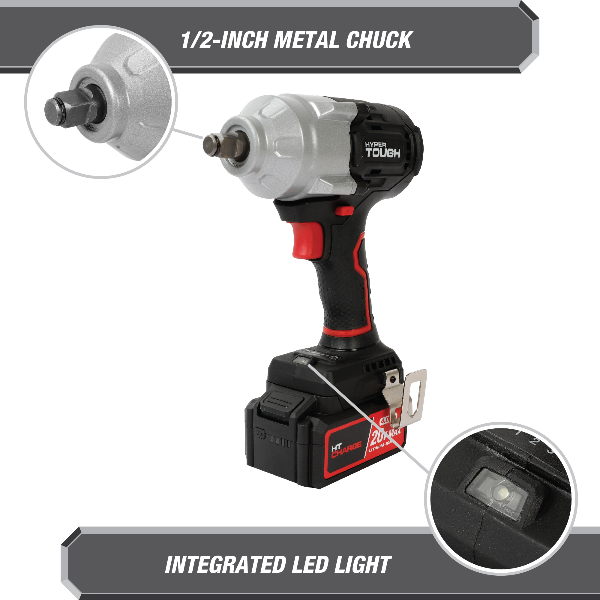 Llave de Impacto Inalámbrica de 1/2 Pulgada y Torque Medio sin Escobillas de 20V Max con Batería de Iones de Litio de 4.0Ah y Cargador Hyper Tough 8