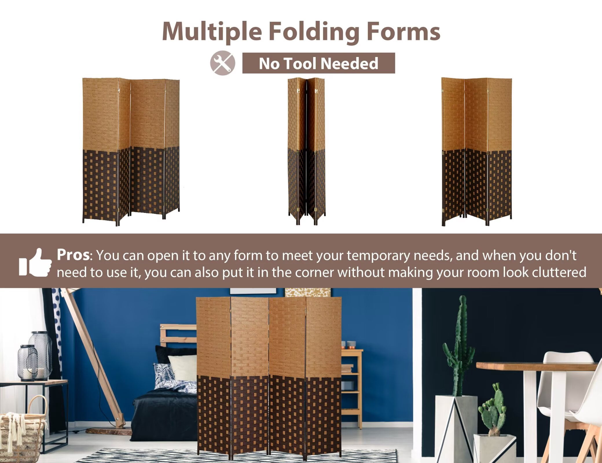 YRLLENSDAN,4 Panels,Room Divider Panel,Wall Divider for Room Separation,Privacy Screen Indoor,Foldable,Portable,Wooden,Independent Type,Cm