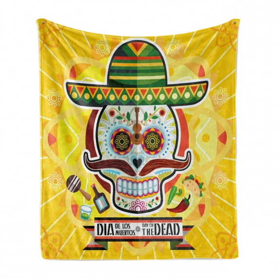 Day of the Dead Soft Flannel Fleece Blanket, Mexican Sugar Skull with Tacos and Chili Pepper November 2nd Colorful Art Print, Cozy Plush for Indoor and Outdoor Use, 70" x 90", Yellow, by Ambesonne