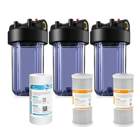 

SimPure DB10C Whole House Water Filter Housing(3 Pack) 10 x4.5 Sediment Carbon Cartridge Housing with 1Pack PP+2Pack CTO Filter(5μm)