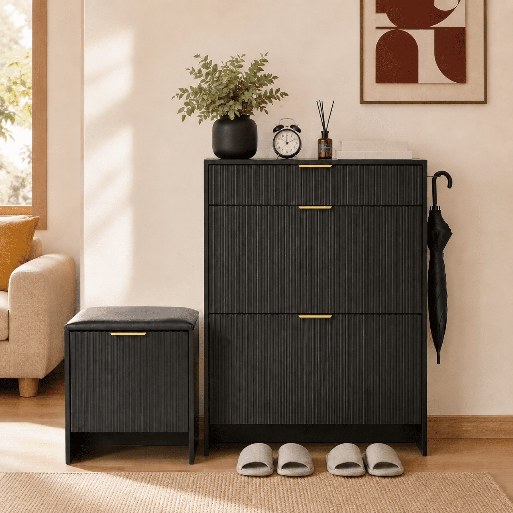 Leumius Shoe Cabinet with Padded Shoe Bench,Shoe Storage Cabinet Set for Entryway, Freestanding Shoe Storage Organizer for Entryway Hallway,Black