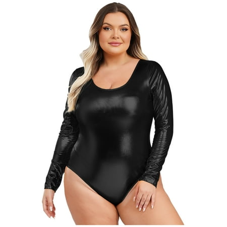 Jowowha Women s Plus Size Shiny Metallic Bodysuit Long Sleeve Sparkly Leotards Dance Tops Black XXL