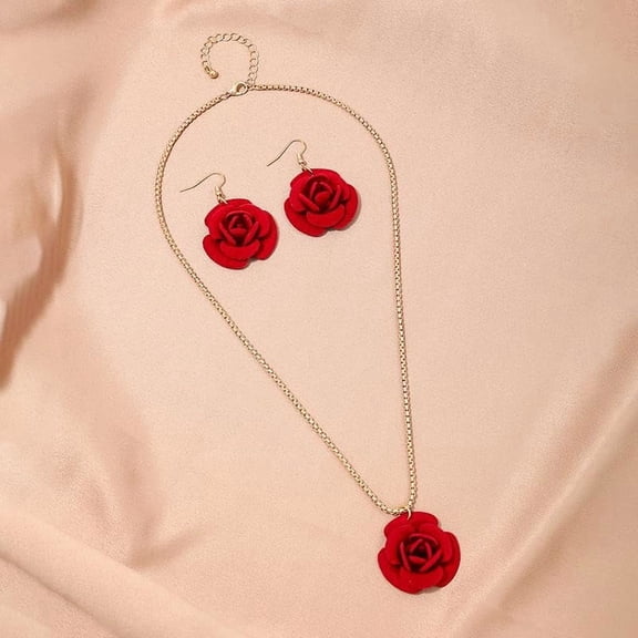 1set Rose Iron Plastic Pendant Necklaces Dangle Earrings Sets for Women Golden 500mm Red