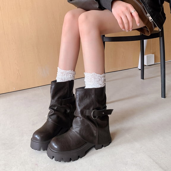 Women's Slouchy Mid Calf Boots Leather Platform Slip Block Heel Booties