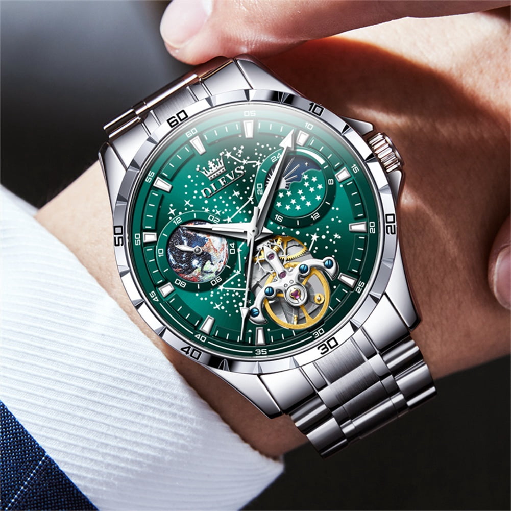 OLEVS Automatic Watches for Mens Starry Sky Skeleton Tourbillon Self Winding Mechanical Moon Phase Luminous Waterproof Luxury Dress Mens Wrist Watches Gifts Reloj Para Hombre Black/Blue/Green
