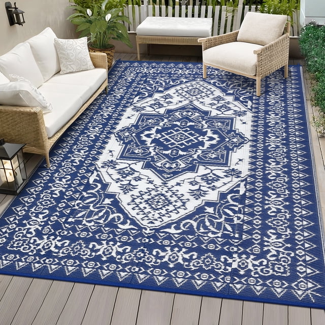 HOMERRY 9' x 12' Navy White GeometricFloral Outdoor Rug Straw Plastic Area Rug for Balcony Pool RV Waterproof Reversible Carpet