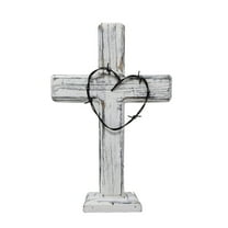 Rustic Standing Wooden Cross – White Distressed Finish with Barbed Wire Heart Design – Spiritual and Religious Décor for Living Room, Church, or Bedroom – Tabletop Decorative Accent or Gift