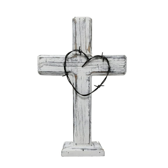 Rustic Standing Wooden Cross – White Distressed Finish with Barbed Wire Heart Design – Spiritual and Religious Décor for Living Room, Church, or Bedroom – Tabletop Decorative Accent or Gift