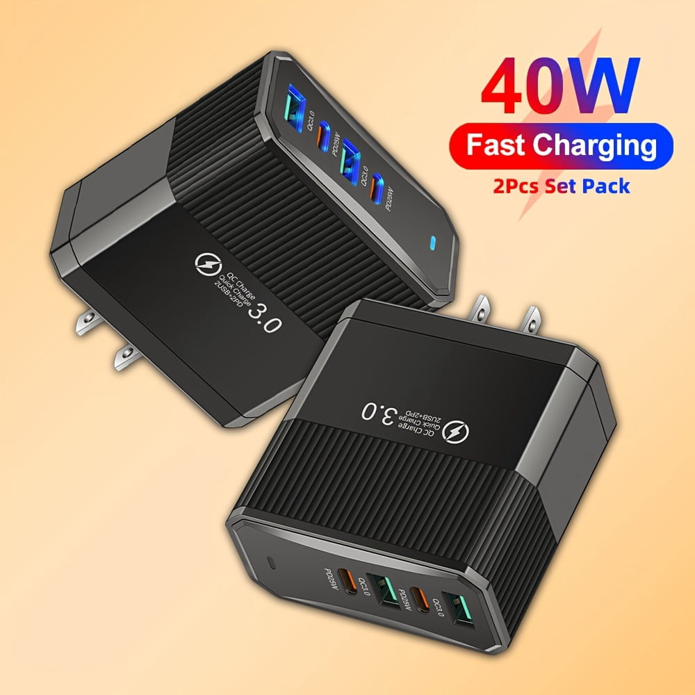 40W 2 QC3.0 + 2 PD Mobile Phone Fast Charging Adapter 2pcs, 4 Ports USB Type C Mobile Phone Charger, US Plug Portable Convenient Travel Charger Wall Charger