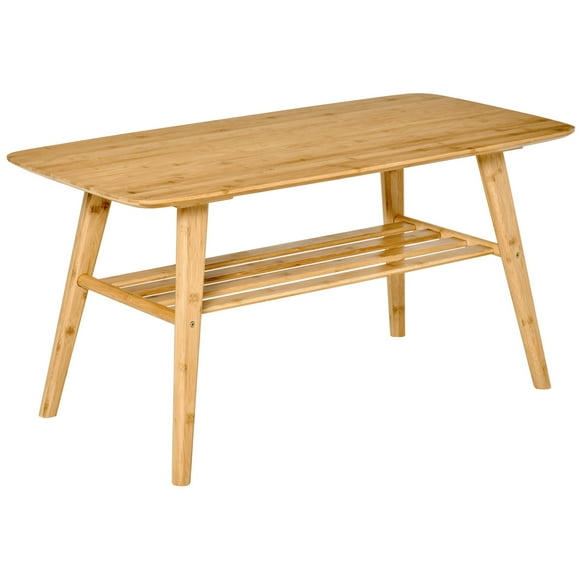 HOMCOM 2 Tier Coffee Table, Bamboo Center Table with Storage Shelf, Rectangle Cocktail Table for Living Room