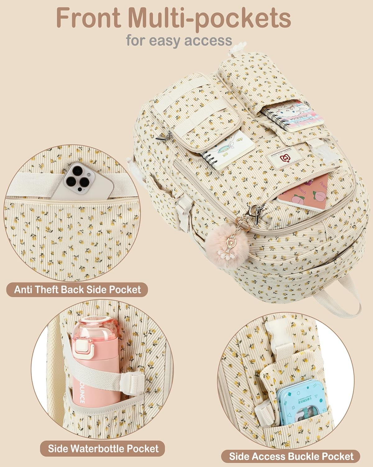AO ALI VICTORY  School Backpack for Teens Girls Women 15.6 Inch Laptop College Backpacks Corduroy Work Bag Kids Elementary Middle High Campus Bookbag Students Pack Travel Daypack Womens（Beige Floral）