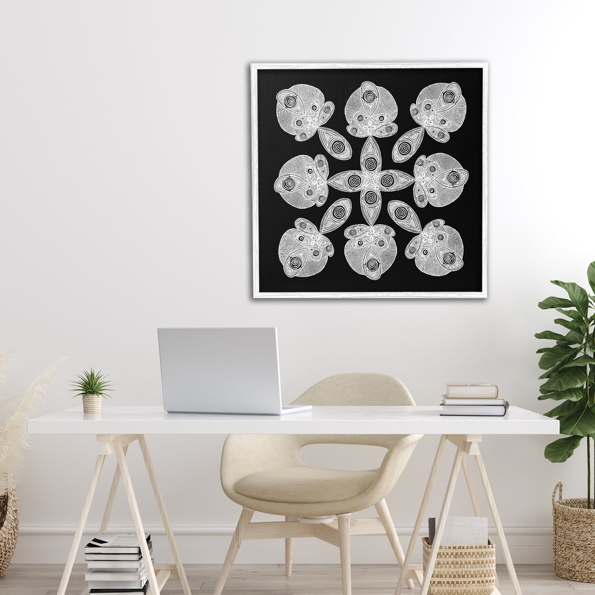 Stupell Industries Fractal Symmetry in Monochrome White Framed Giclee Art, design by El Perkin