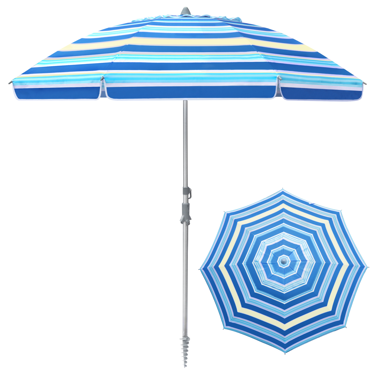 SEKKVY 7ft Blue Stripe Beach Umbrella with Carry Bag Tilt Pole UV