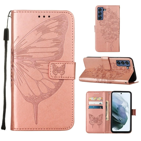 Butterfly Pattern Wallet Case for Samsung Galaxy S21 FE 6.4 Inch,Flower Pattern Design Luxury PU Leather Anti-Drop Magnetic Clasp Flip Folio Case with Card Slots Stand Wrist Strap Phone Cover,Rosegold
