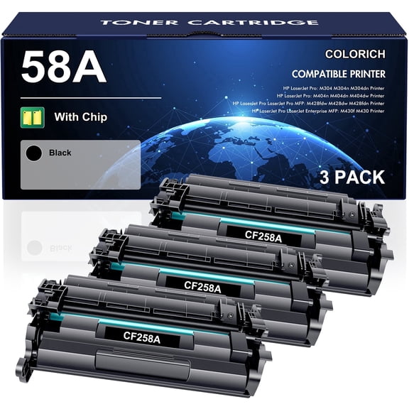 Colorich 58A Toner Cartridges with Chip Compatible for HP 58A CF258A 58X CF258X Laserjet M404n M404dn M404dw N406dn MFP M428fdw M428fdn M428dw M404 M428 M430f Printer (Black, 3 Pack)