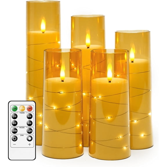 Flameless LED Candles with Timer 5 Pc Flickering Flameless Candles for Romantic Ambiance and Home Decoration Stable Acrylic Shell,with Embedded Star String,Battery Operated Candles