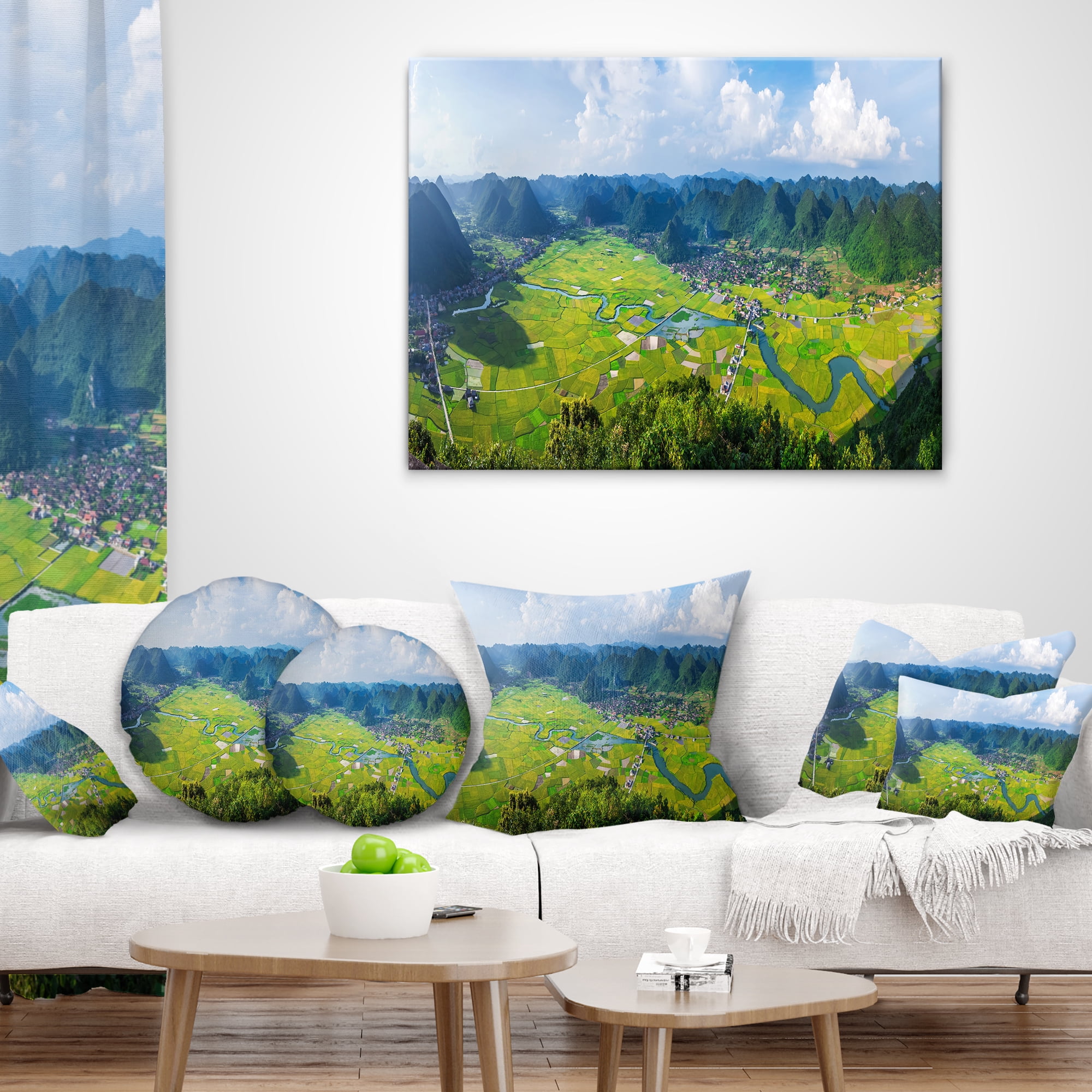 Designart Rice Field Valley Vietnam Panorama - Landscape Printed Throw Pillow - 16x16