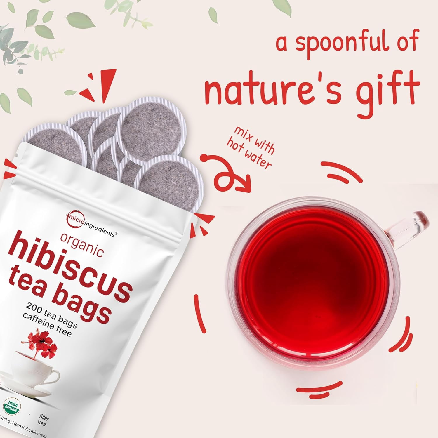 Micro Ingredients Organic Hibiscus Tea Bags, 200 Count | Caffeine Free Herbal Tea, Non-GMO, No Sugar