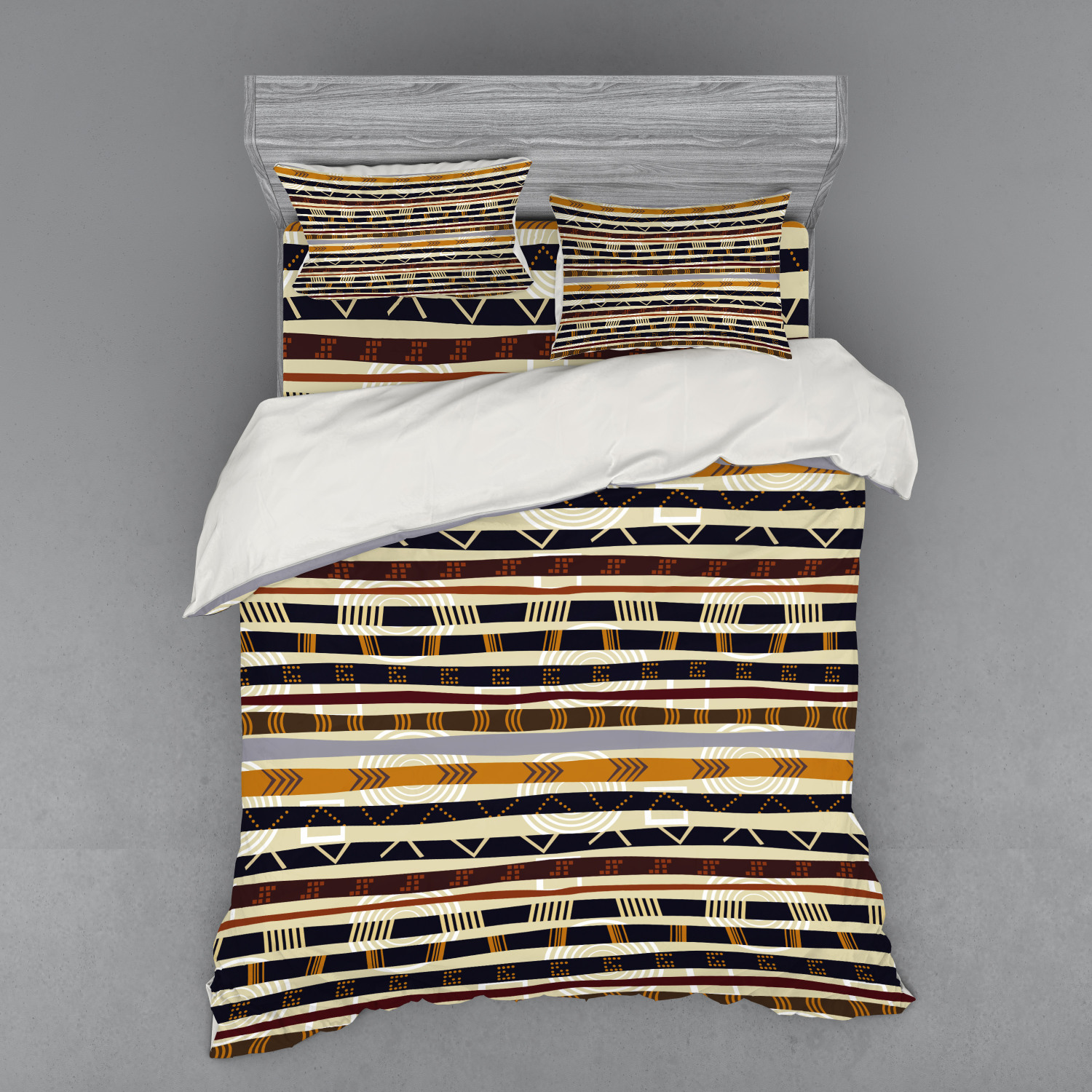 Abstract Duvet Cover Set, Ethnic Style Geometric Forms Striped Pattern on Bold Earth Tones Print
