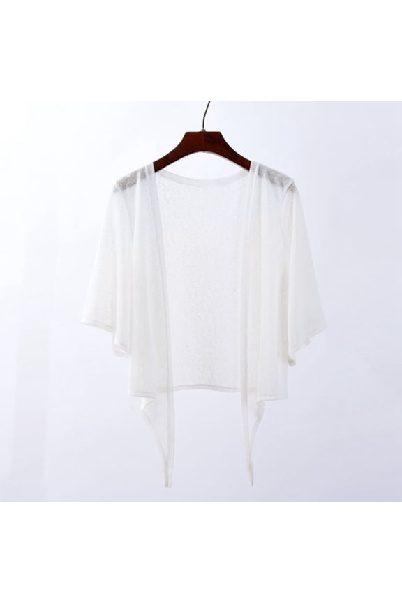 Womens Open Front Sheer Shrug Cardigan Summer Casual 3/4 Sleeve Cropped Cardigan Lightweight Tie Front Cover Ups