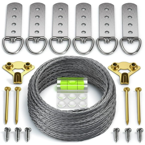 Heavy Duty Picture Wire Hanging Kit - D-Ring, Screws, Hanging Hooks,Level. Supports up to 110 lbs 50+ Feet (15.25M) Stainless Steel Wire Hanger