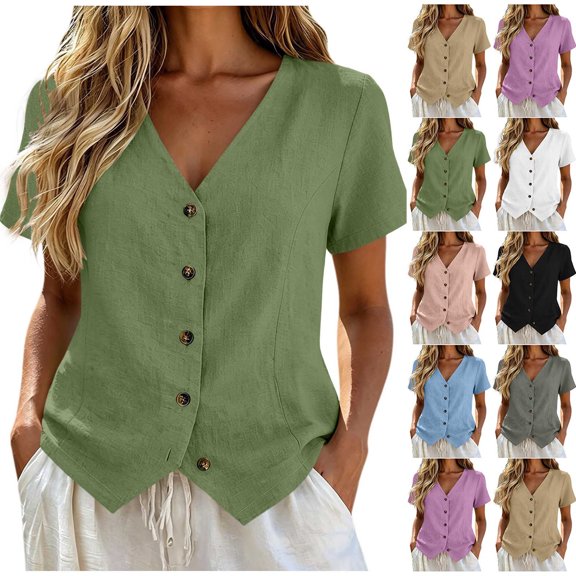 Ashirexll Short Sleeve Shirts for Women Spring and Summer Color and Linen V-Neck Short Sleeve Button Cardigan Top