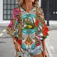 thumbnail image 3 of Vibrant Floral Leopard Print Textile Women's V-Neck Blouse With 3/4 Ruffled Bell Sleeves Casual Top Ladies Blouses, 3 of 7