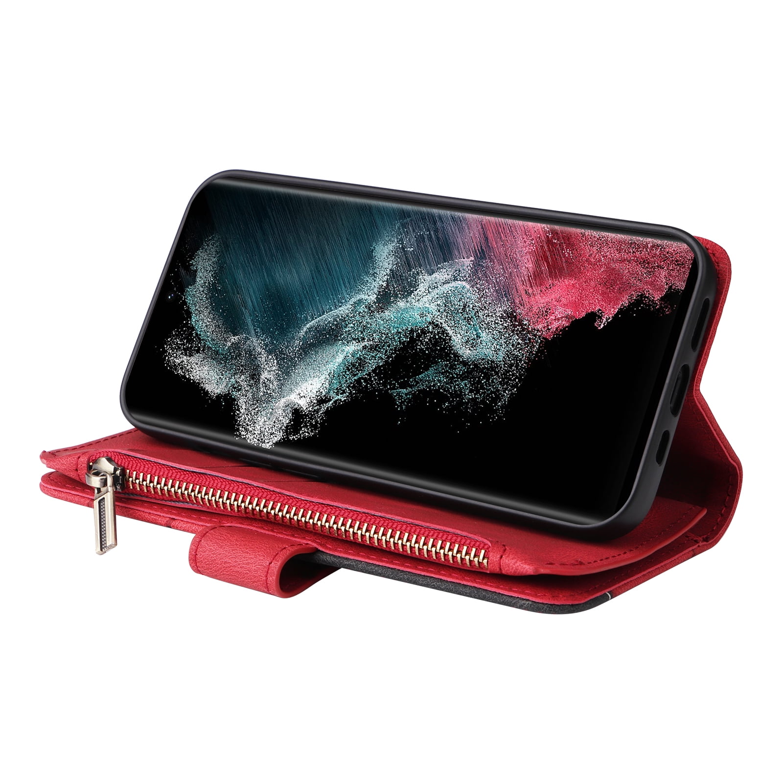 Dteck for Samsung Galaxy S23 Case 2023 6.1 Inch Wallet with 9 Card Slots, Zipper Pocket PU Leather Folio Flip Phone Case with Wristlet Strap for Samsung Galaxy S23 5G,Red