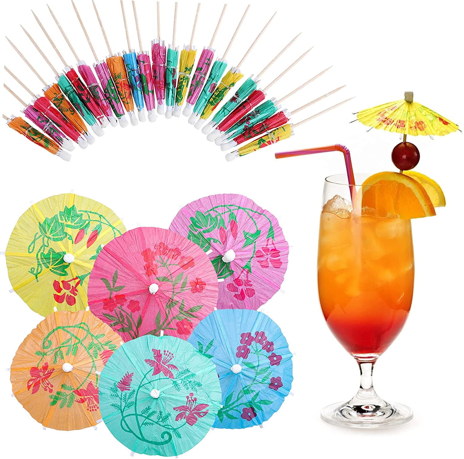 40 Pcs Umbrella Cocktail Drink Picks Elegant Tropical Colors Party