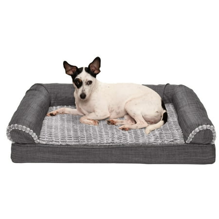 UPC: 0842229126341 | FurHaven Pet Products | Memory Foam Luxe Fur & Performance Linen Sofa Pet Bed for Dogs & Cats – Charcoal Medium