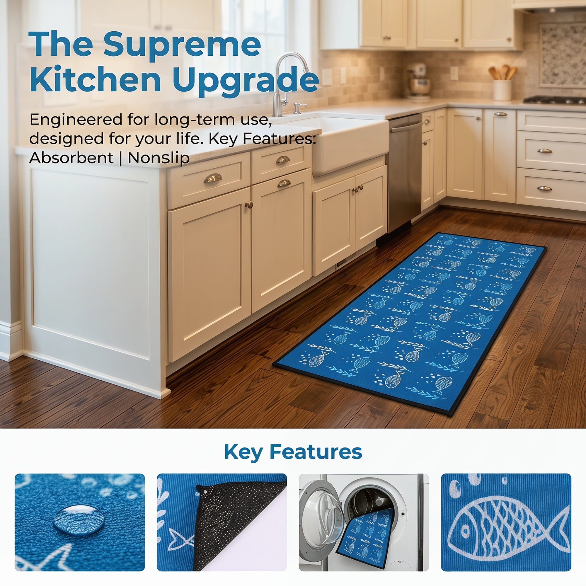 Unique Bargains Non Slip Fish Floral Printed Kitchen Rugs and Mats Blue 31"x19"+47"x19"