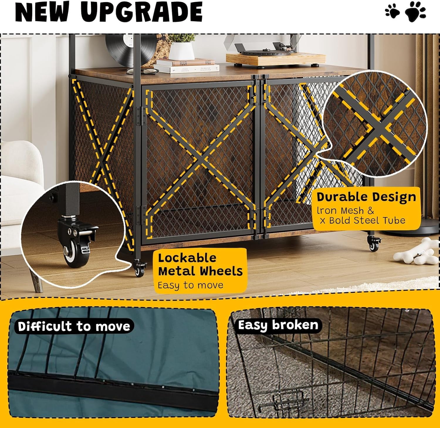 Garvee 41in Dog Crate Furniture, Rustic Brown Heavy Duty Wooden Dog Kennel with Lockable 360° Wheels, Double Door Pet Cage End Table for Small, Medium & Large Dogs