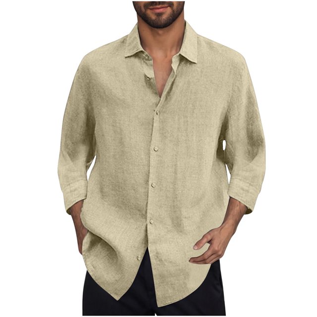 Men's 3/4 Sleeve Shirt Solid Color Button Down Lightweight Flat Front Casual Tops Blouse Khaki