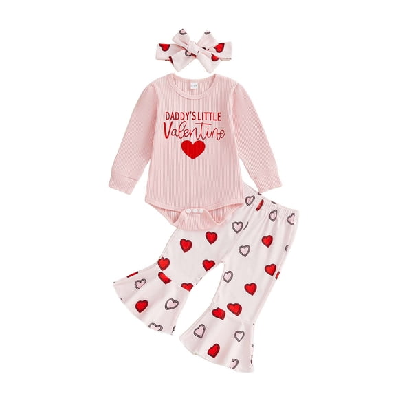 Likimi Infant Girls Valentine'S Day Outfit Set Long Sleeve Letter Print Crew Neck Top Pants Three Piece Set With Headband Pink Size 0-3 Months