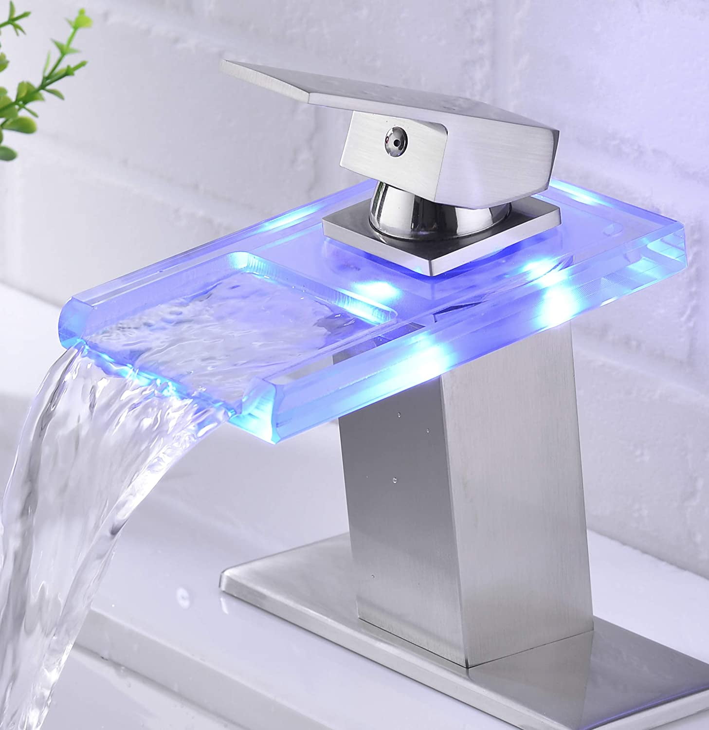 Brushed  Nickel  LED Bathroom Sink Faucet Chrome Waterfall Single Hole Handle Vanity Faucet