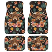 Renewold Highland Cow Boho Floral Black Automotive Car Floor Mat for Car SUV Truck, Auto Floor Mats 4 PCS Universal Fit Auto Interior Accessories Car Interior Decoration