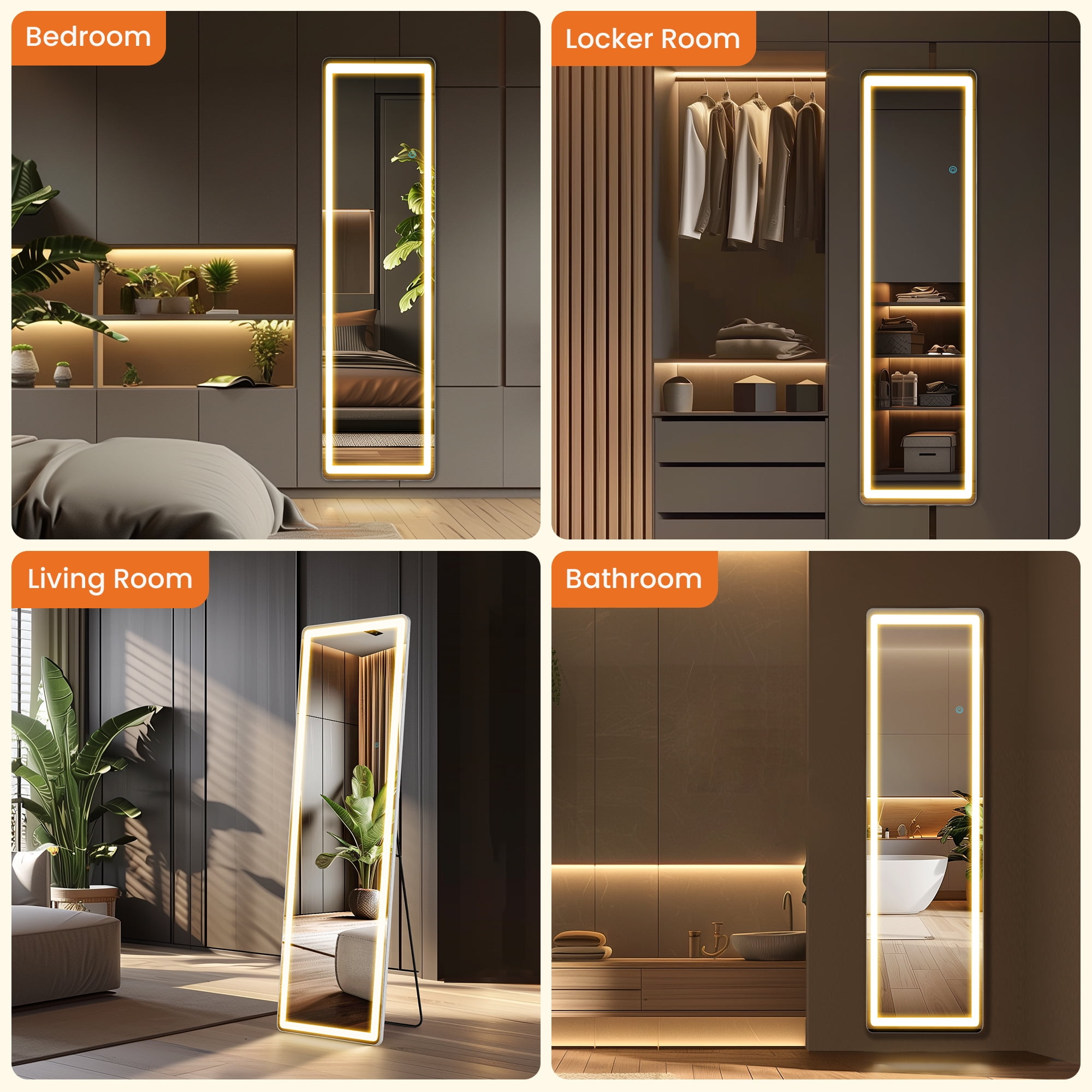 MAYEERTY 60" × 16" LED Full Length Mirror, 3 Color Lighting Floor Standing Mirror with Bracket