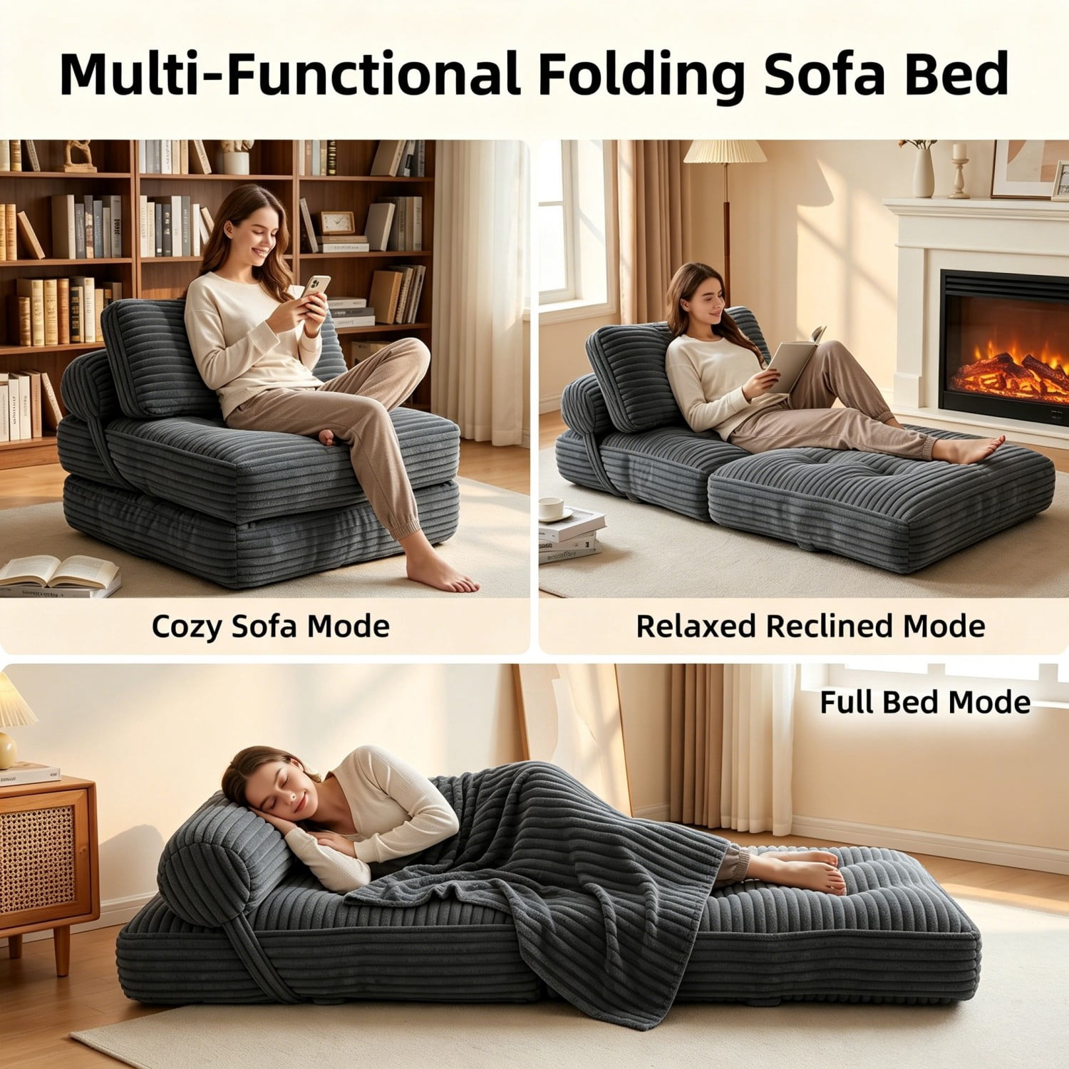 Folding Sofa Bed, Convertible Sleeper Chair with Pillow, Foldable Floor Couch Bed with Back Support, Portable Lounge for Living Room Bedroom, Dark Gray