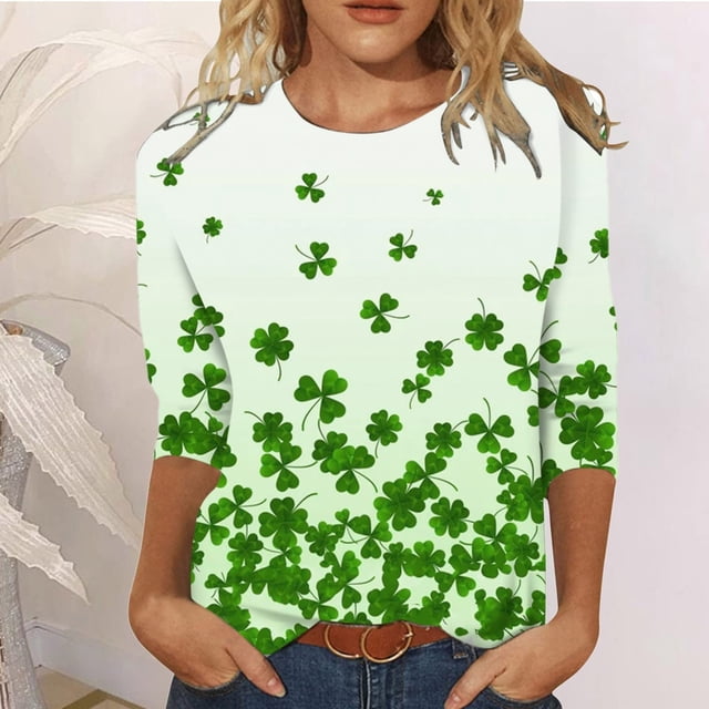 CEHVOM T-Shirt de la Saint-Patrick pour Femmes Manches 3/4, T-Shirts Imprimés Verts Chanceux pour la Saint-Patrick, T-Shirts Décontractés Col Rond Mode Imprimé Saint-Patrick