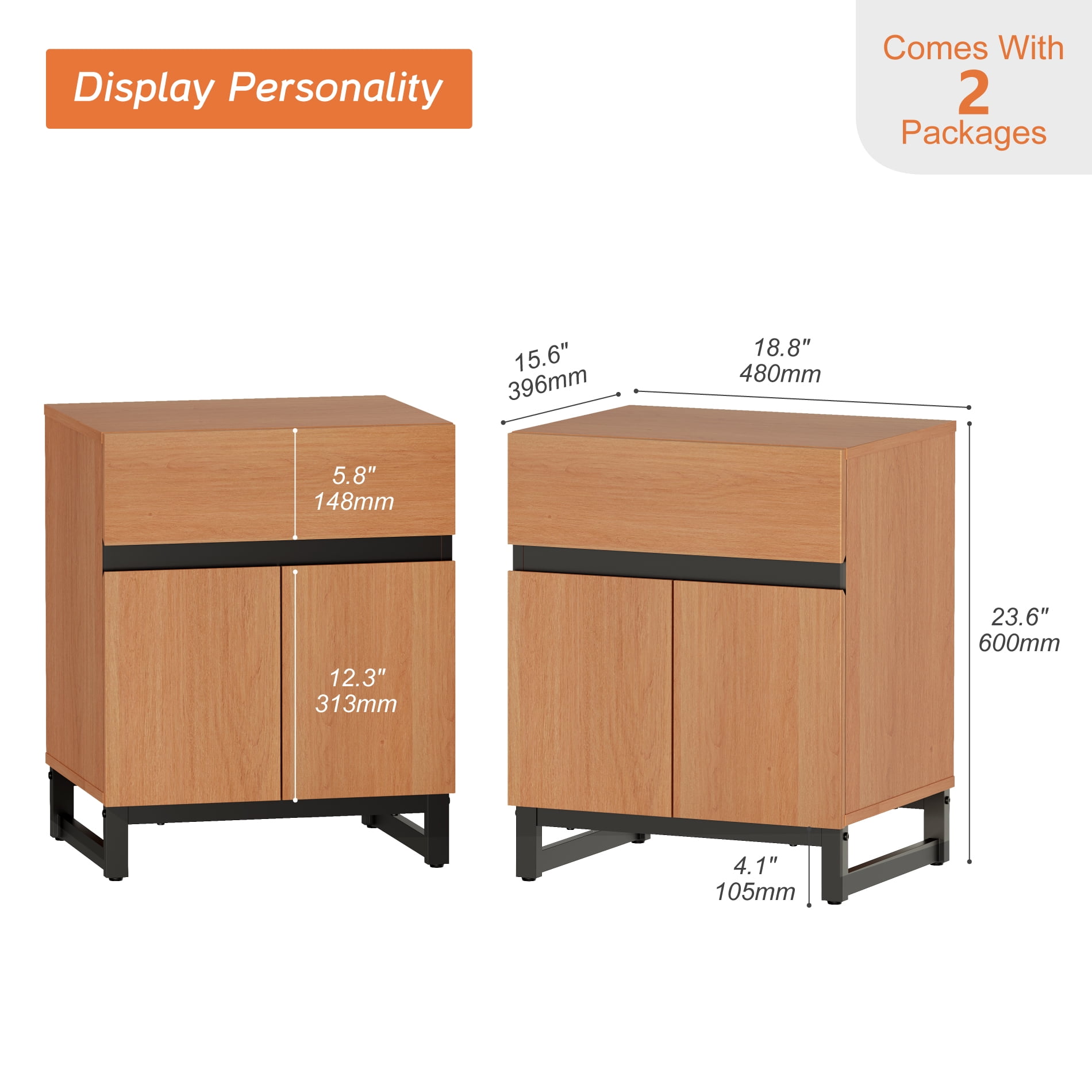 WAMPAT 2 Pack Nightstand with 1 Drawer & 1 Storage Cabinet, Modern Bedside Table with 2 Open Doors for Bedroom, Wood Rustic Side End Table for living Room.