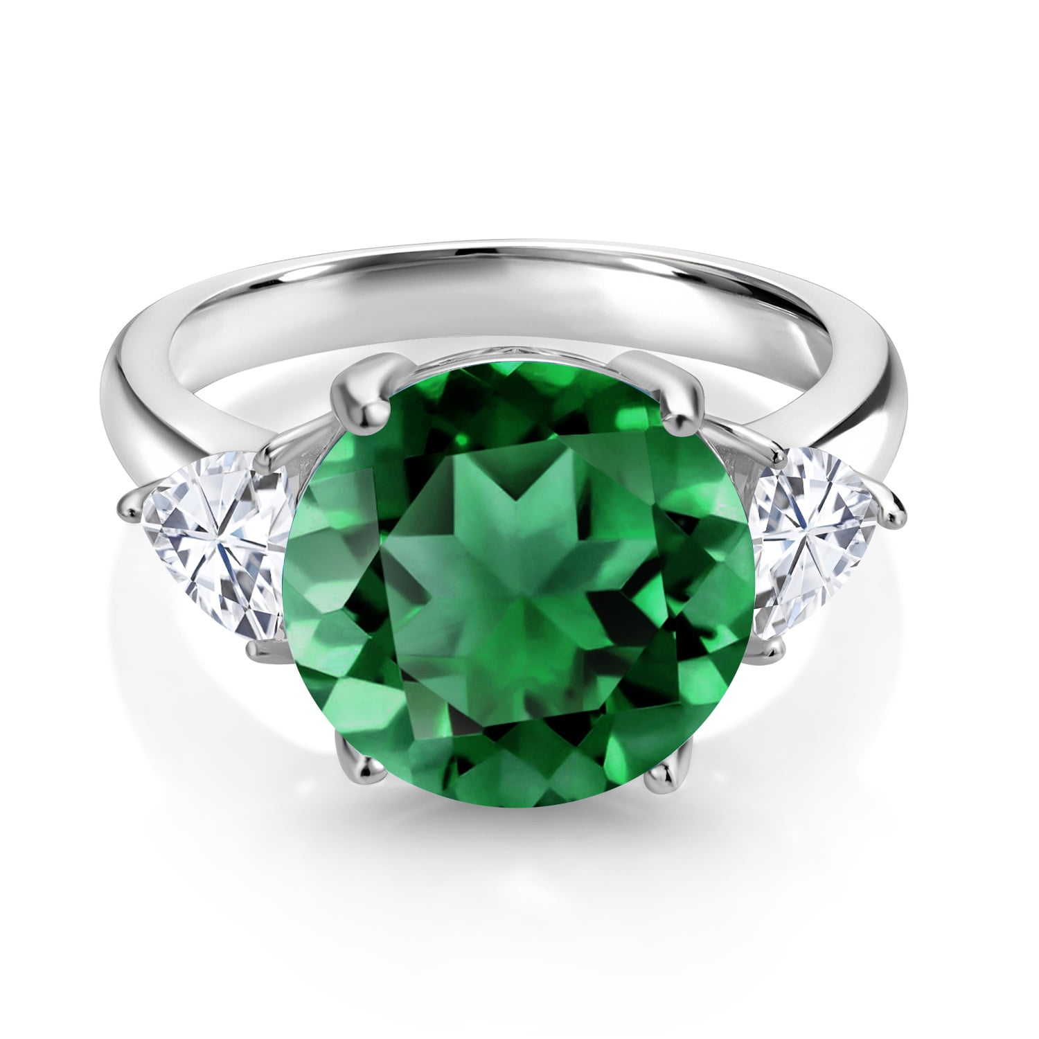 Gem Stone King 5.94 Cttw Green Nano Emerald and White Moissanite 3-Stone Ring for Women in 925 Sterling Silver | Round 12MM | Trillion 5MM | Three Stone Wedding Engagement Anniversary Ring | Size 9