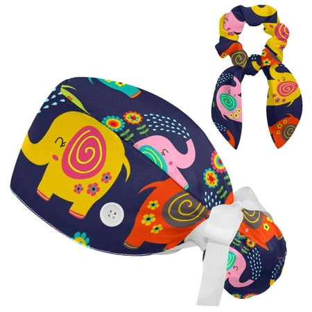

Working Cap with Buttons and Sweatband Scrub Hat Bouffant Caps with Scrunchie Elephant Tie Back Hats