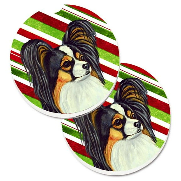 Papillon Candy Cane Holiday Christmas Set of 2 Cup Holder Car Coaster