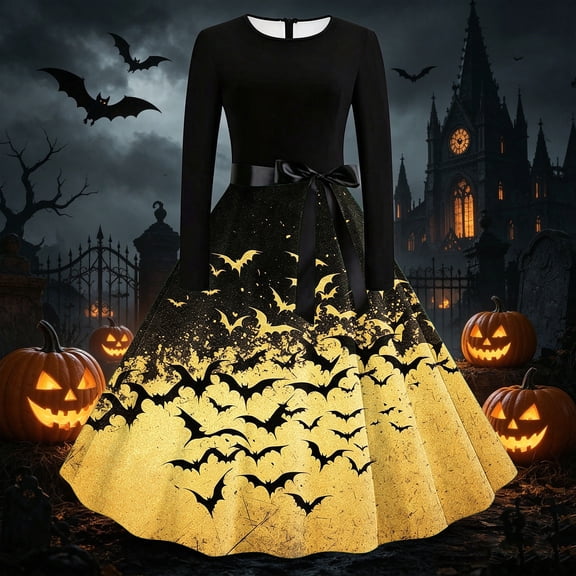 Women's Vintage Halloween Bat Print Swing Dress Long Sleeve 1950s Retro A-Line Midi Dresses with Satin Sash Belt for Gothic Cosplay Evening Prom Party