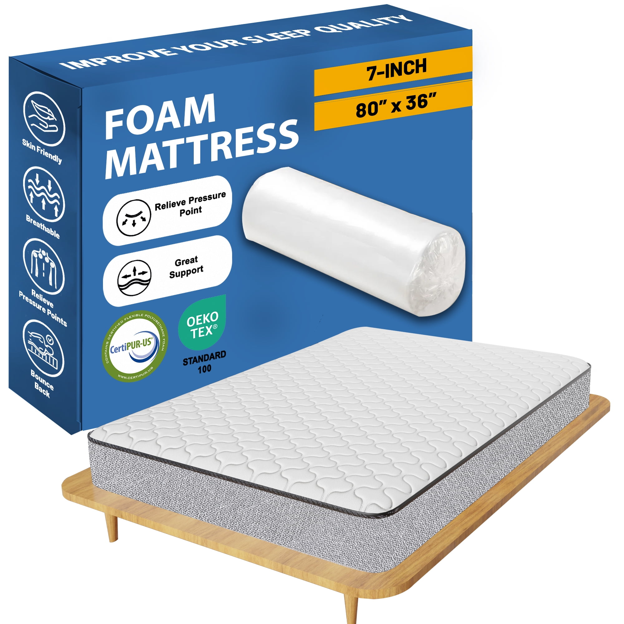 Continental Sleep, 7-Inch Medium Firm High Density Foam Mattress, Comfortable Mattress for Cooler Sleep, Supportive & Pressure Relief, 80" x 36", White