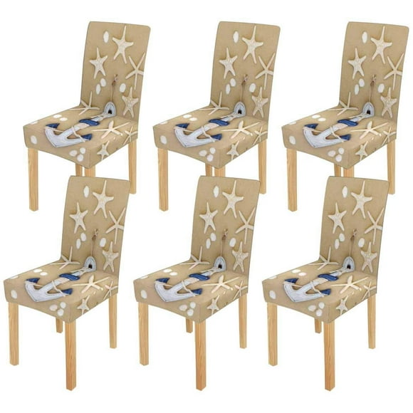 POGLIP Beach Wooden Anchor Starfish Cockle Seashells Stretch Chair Cover Protector Seat Slipcover for Dining Room Hotel Wedding Party Set of 6