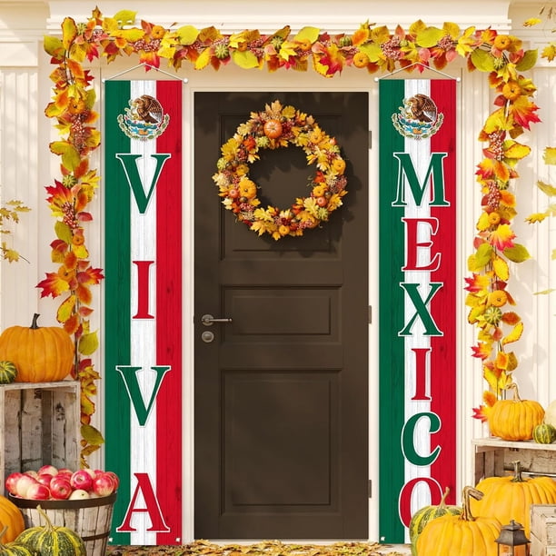 Decoraciones para el Día de la Independencia de México, pancarta para porche con el lema "Viva México", decoraciones y artículos para el hogar para el Día de la Independencia de México.